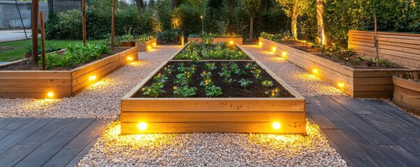 A beautifully illuminated garden showcasing raised beds filled with lush greenery, perfect for urban gardening enthusiasts.