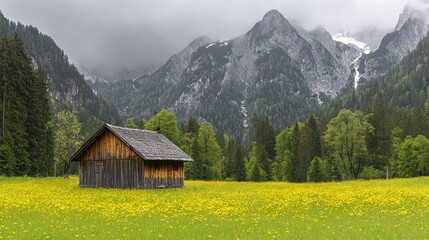 Fototapeta premium The rustic wooden cabin stands alone in a colorful meadow filled with yellow flowers, bordered by lush trees and majestic mountains under a cloudy sky