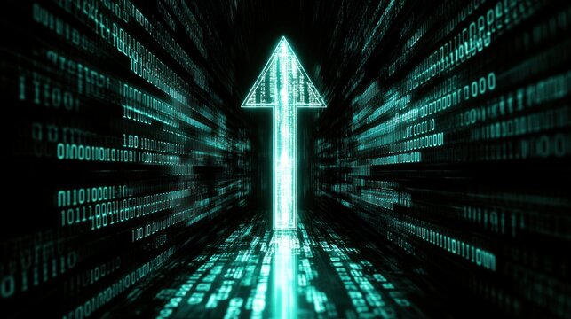 A glowing green arrow stands out against a cascade of binary code, symbolizing advancement and direction in technology and digital landscapes