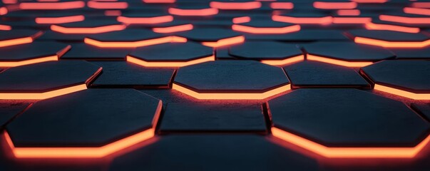 Fototapeta premium Seamless glowing hexagonal pattern, futuristic texture, dark background, vibrant neon highlights, balanced and sleek layout, soft light gradients, glowing transitions