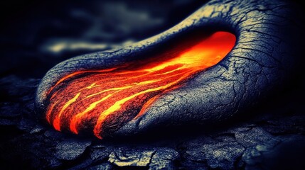 Bright orange lava streams from a crack in the volcanic rock, showcasing the intense heat and energy of the eruption against the surrounding darkness of twilight