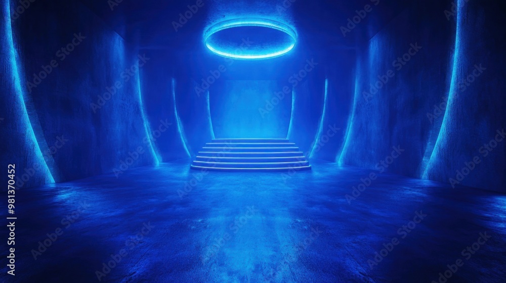 Poster this setting features a centrally placed stage illuminated by a vibrant blue light, surrounded by gl