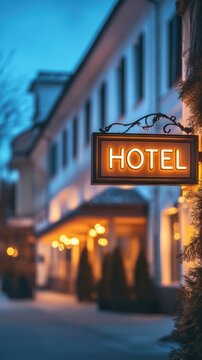 Cozy Hotel Entrance at Dusk with Illuminated Sign