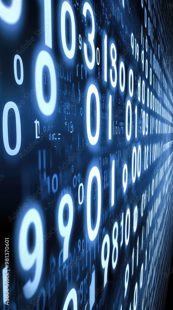 Poster a vibrant blue backdrop filled with glowing data code, highlighting advanced technology in a compute