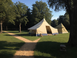 camping in the forest in a meadow clearing with two large tents during the summer
