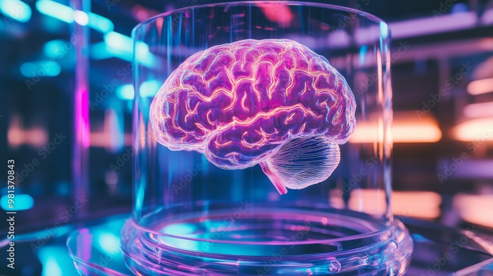 Poster a glowing brain, rendered in intricate detail, is suspended in a transparent container and illuminat