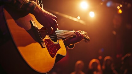 A musician captivates the audience while strumming an acoustic guitar, surrounded by warm stage lighting that sets a cozy atmosphere for the performance