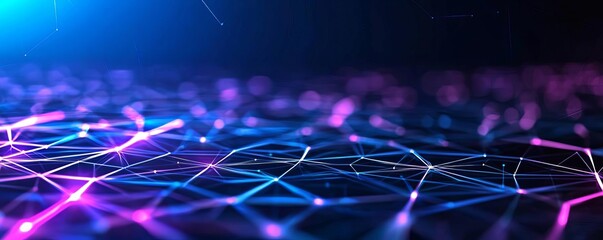 Futuristic digital grid background, seamless geometric pattern, glowing neon lines, dark space, smooth transitions, deep blue and purple tones, sleek and immersive