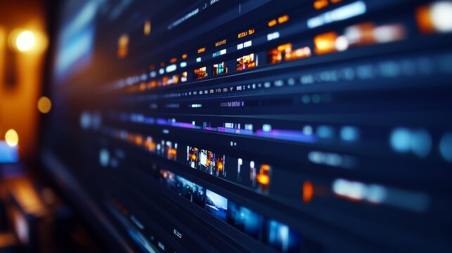 In a dimly lit room, a large monitor showcases an advanced editing interface filled with multiple layers of video clips arranged on a detailed timeline for content creation