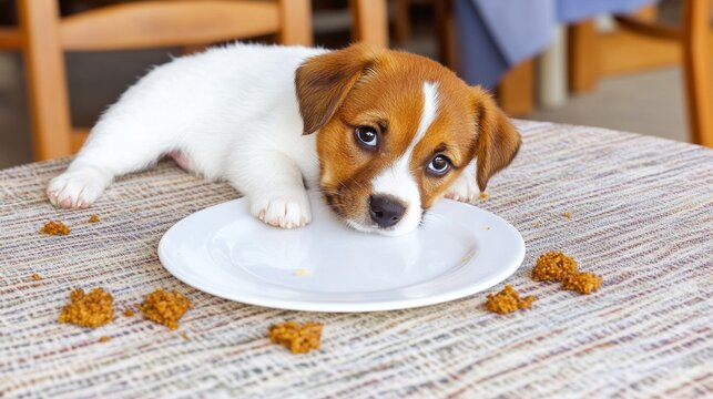 A young puppy lies on a table, gazing curiously at an empty plate while crumbs of treats are scattered around. The bright setting adds to the playful atmosphere of the cozy cafГ©