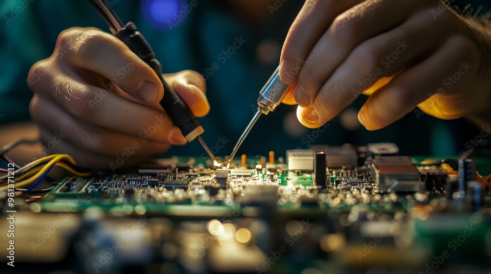 Poster an electronics technician focuses intently while soldering small components onto a circuit board. th