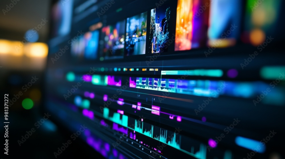 Poster a closeup reveals a computer screen filled with a vibrant editing timeline that features various cli