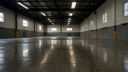 Empty warehouse with polished concrete, ready for storage or manufacturing.