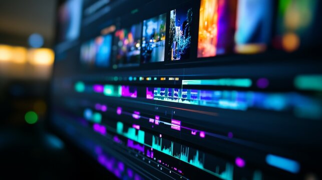 A closeup reveals a computer screen filled with a vibrant editing timeline that features various clips organized for seamless video creation