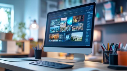 A desktop computer displays search results powered by AI, featuring various visual elements. The workspace is organized with office supplies and a bright ambiance
