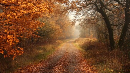 Obraz premium A peaceful walkway in a forest is adorned with vibrant autumn leaves. The soft morning mist envelops the surroundings, creating a serene atmosphere for walkers
