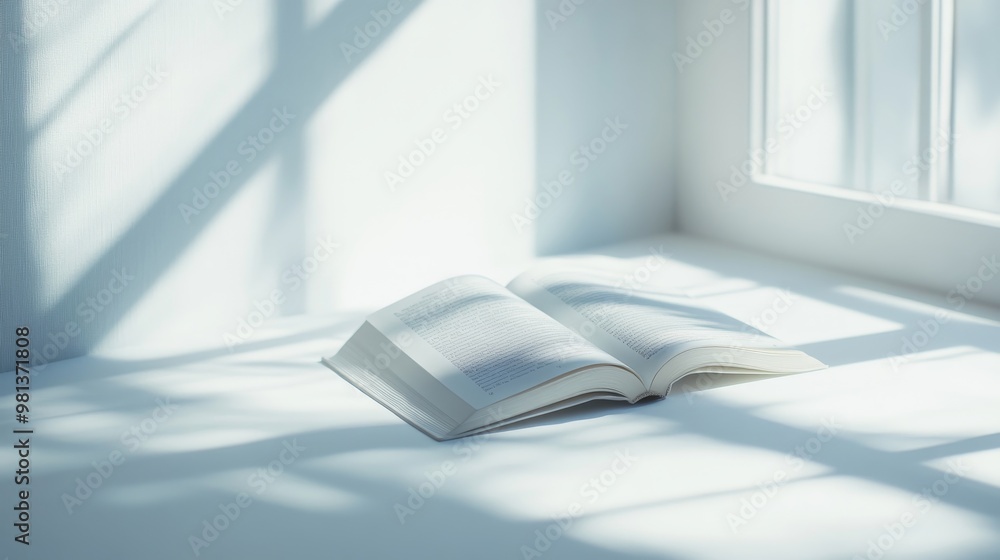 Poster an open book lays on a smooth white surface, gently lit by soft natural light that creates subtle sh