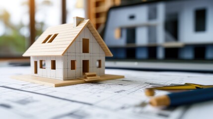 A small wooden house model stands on top of blueprints, surrounded by architectural tools in a bright and organized workspace filled with natural light