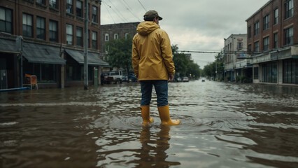 Conceptual image of flood and inundation with man in yellow rubber boots and raincoat, flood relief efforts.