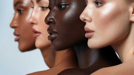 Four women stand in a line, each showcasing unique skin tones and features. Their profiles highlight the beauty of diversity in a minimalist studio with soft lighting, celebrating individuality