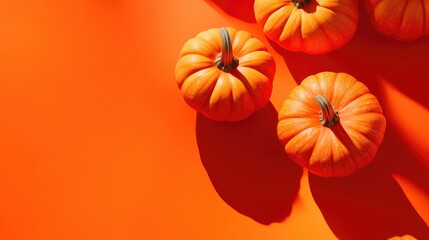 Top view of pumpkins standing on an orange background