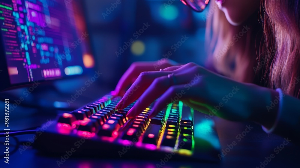 Poster a coder focuses intently on their work, typing speedily on a vibrant mechanical keyboard, illuminati