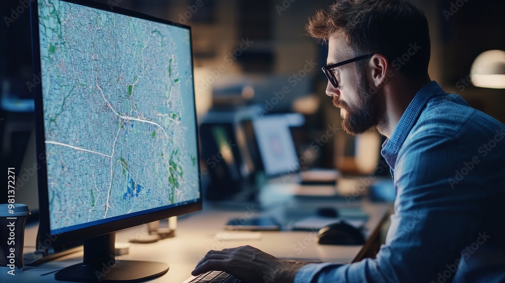 Poster a man is focused intently on geographic data displayed on a large screen. he sits at his desk in a l