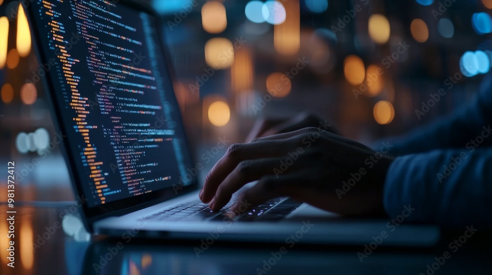 Aufkleber hands are seen actively typing on a laptop, displaying lines of code. the environment is dimly lit, 