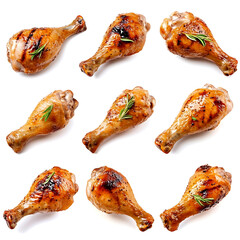 An assortment of roasted and grilled turkey drumstick and thigh perspectives from various angles