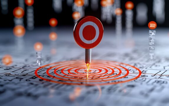 A vibrant target pin marking a location on a digital map with concentric circles indicating precision and focus.