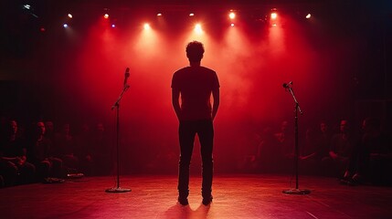 young caucasian male stand-up performer on stage at a small comedy venue, delivering a hilarious routine and engaging the crowd with his funny and relatable jokes