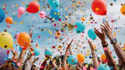 Participants joyfully celebrate at an outdoor festival, waving their hands in the air amidst a flurry of colorful balloons and confetti under a bright blue sky