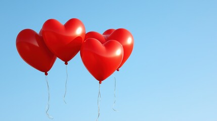 A cluster of vibrant red heart-shaped balloons floats gently in a cloudless blue sky, symbolizing love and celebration during festive or romantic moments