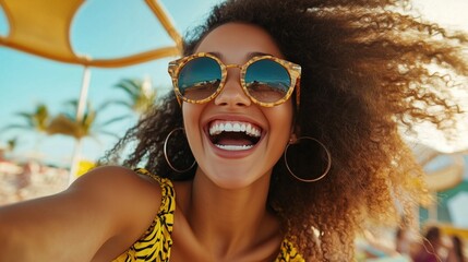 A cheerful woman with curly hair smiles brightly while holding a camera, enjoying a sunny day at the beach adorned with palm trees and vibrant surroundings - Powered by Adobe