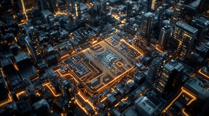 A dynamic urban environment blends seamlessly with an illuminated microchip map, highlighting the technological core and connectivity of the UK’s bustling cities