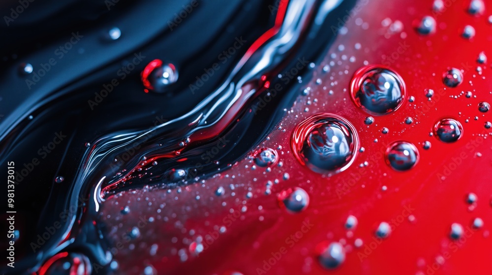 Aufkleber the striking contrast of red and black liquids creates mesmerizing patterns, highlighted by bubbles 