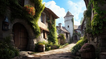 Fototapeta premium The peaceful cobblestone street showcases rustic buildings adorned with lush greenery, leading to a picturesque tower. The scene radiates tranquility on a sunny day