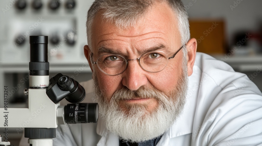 Aufkleber a focused scientist wearing a lab coat and glasses looks directly at the viewer while adjusting a mi