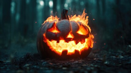 Naklejka premium Sinister Pumpkin Burning Brightly in a Dark, Enchanted Forest