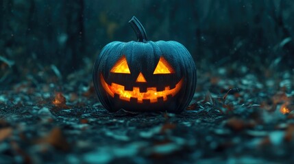 Fototapeta premium Ghoulish Pumpkin with Fiery Eyes in an Ominous Forest Setting