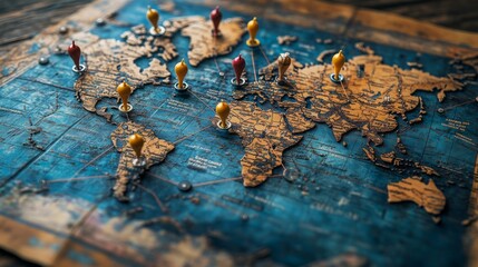 A high-angle perspective showcases a world map adorned with colorful pins, each representing significant ecommerce growth in various countries across the globe