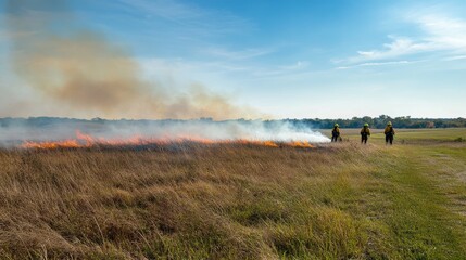 A controlled fire spreads across a grassy field as firefighters stand nearby, managing the blaze under a clear blue sky. Smoke billows above the landscape