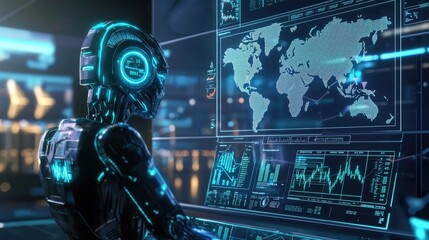 A futuristic scene featuring high-technology graphics displaying a holographic world map, oil rigs, crude oil tanks, and gold bars, all integrated 