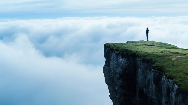 A solitary figure stands at the edge of a rugged cliff, surrounded by vast clouds that create a peaceful atmosphere during the early morning, evoking a sense of tranquility and reflection