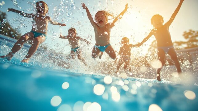 A lively group of children leaps into the water, their laughter echoing as they splash into a shimmering swimming pool under the warm sun, creating a moment of pure joy
