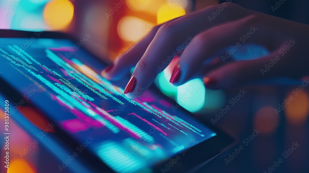 Aufkleber fingers with polished nails interact with a tablet screen, as blurred lines of code illuminate the d