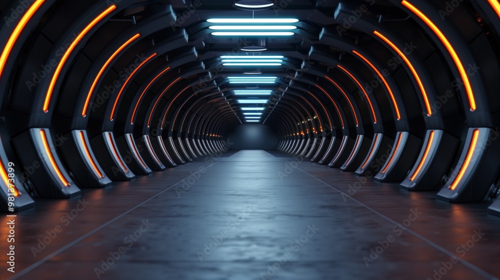 Poster the corridor showcases a modern design with glowing neon lights lining the walls, creating a captiva