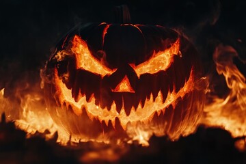 Mysterious Firelit Pumpkin Faces in Night