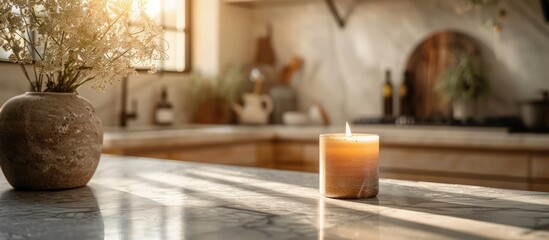 Cozy and Inviting Modern Kitchen Interior with Candle Plant and Other Decor Elements on Marble Countertop under Warm Sunlight Streaming Through the Window