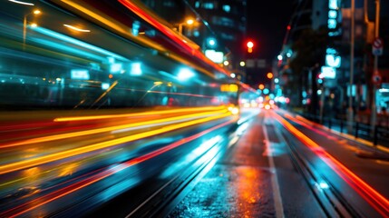 Fototapeta premium Bright light trails from passing vehicles illuminate the rainy city street at night, creating a colorful and dynamic urban atmosphere